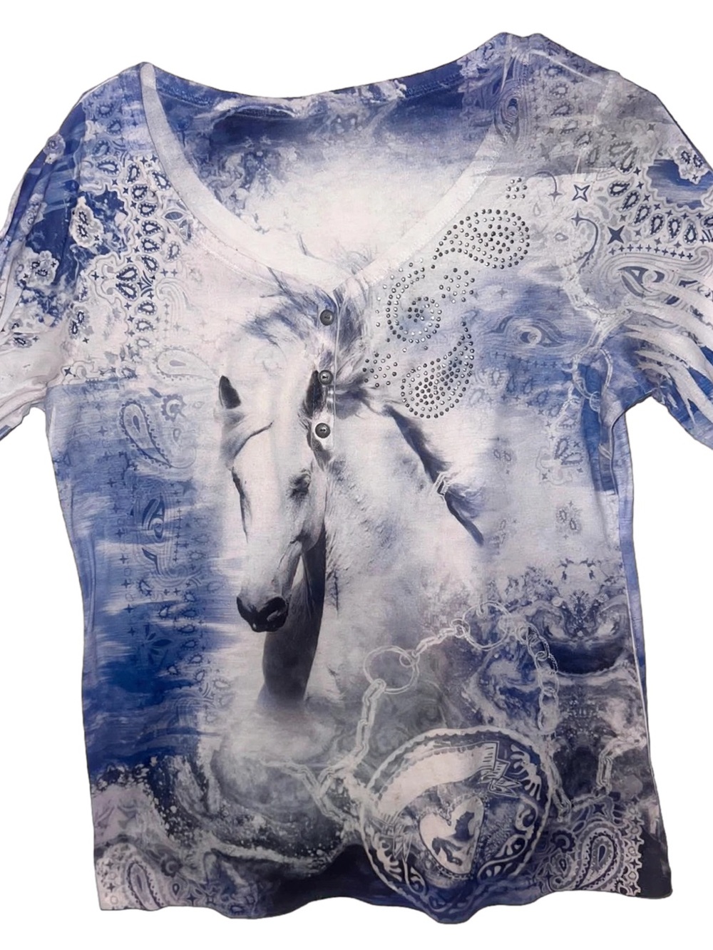 Live and Let Live Bling Western Long Sleeve Top Blue White Sz Large stretchy